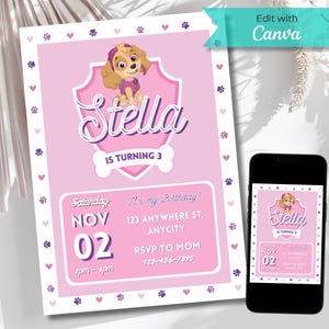 Sky Birthday Invitation, Editable Puppy Patrol Invite, Digital Party Invitation Template, Digital Download, Sky Paw Birthday Invite