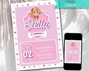 Sky Birthday Invitation, Editable Puppy Patrol Invite, Digital Party Invitation Template, Digital Download, Sky Paw Birthday Invite