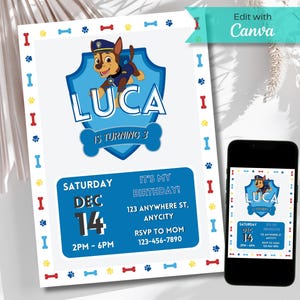 Puede incluir: Una invitación de cumpleaños azul y blanca con un personaje de perro de dibujos animados. La invitación dice "Luca cumple 3 años" e incluye la fecha, la hora y el lugar de la fiesta.