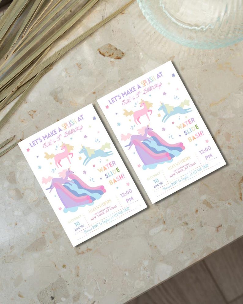 Unicorn Pool Party Invite, Unicorn Waterslide Birthday Invitation ...