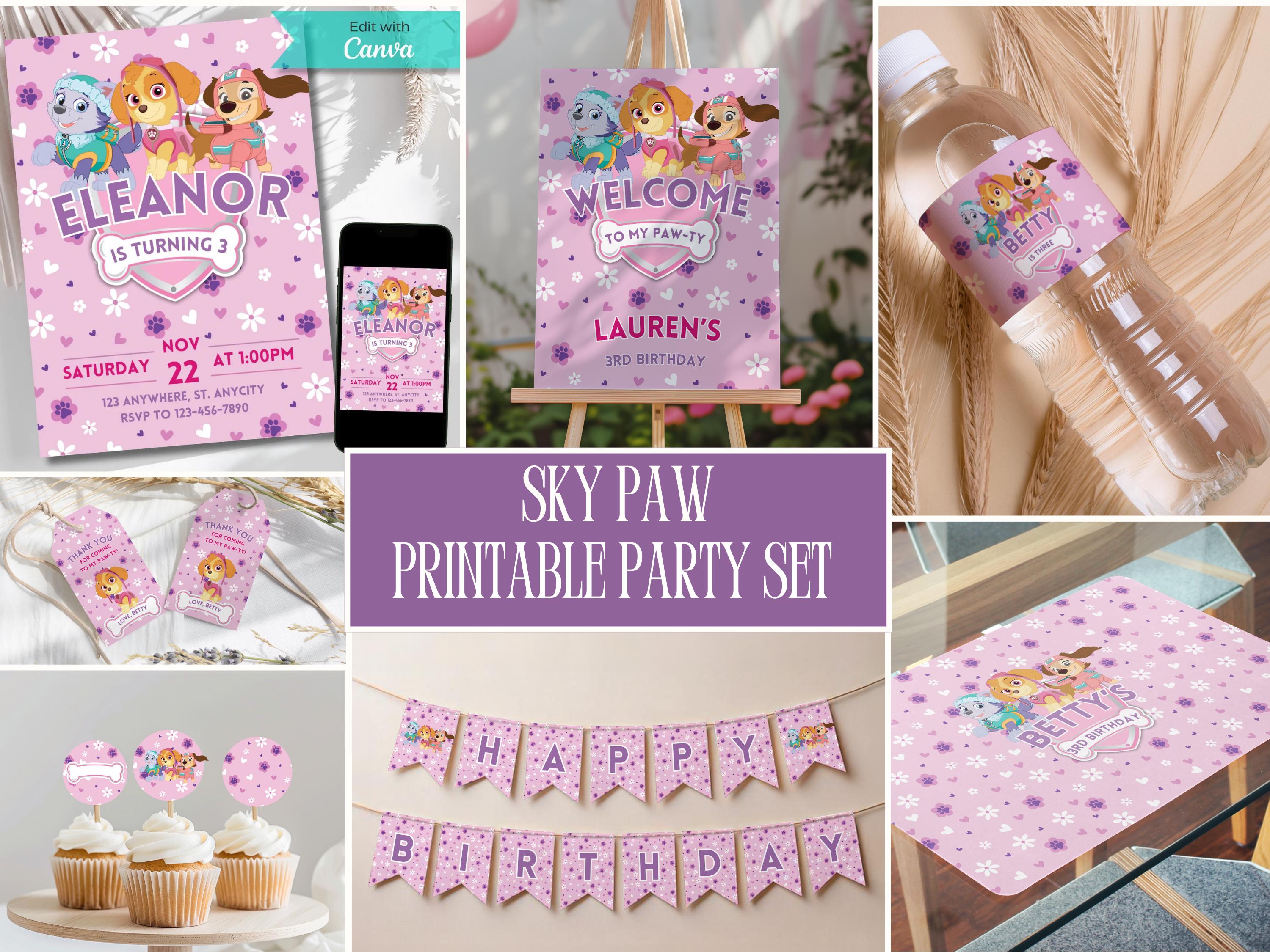 Skye Paw Birthday Party Set, Printable Birthday Party Decor, Digital Kids Party Decorations, Bday Templates Paw Birthday Girl Decor Sky Paw