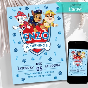 Faire-part d'anniversaire patte enfants, faire-part d'anniversaire patrouille pour garçons, invitation d'anniversaire patte patrouille, fête patte, invitation d'anniversaire modifiable, patte