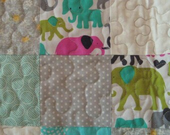Elephants on Parade Baby Quilt,baby quilt,baby shower gift,quilt, baby blanket,quilts for boys,blue and grey quilt,modern quilt,chevron,dots