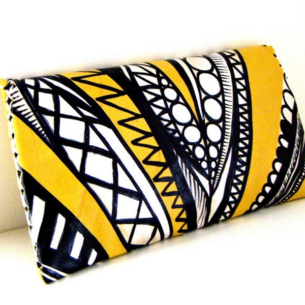 20% off Leather Clutch Hand Painted Modern Geometric Yellow Black White Silver Stripes Upcycled - READY TO SHIP