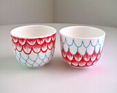 Ceramic Cups Sake Japanese Tea Hand Painted Scallops Red Turquoise Blue Modern Nautical Espresso cups