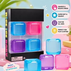 May include: A black box labeled NICE ICE BABY containing four translucent, colorful square cubes in blue, pink, and purple. Three additional loose cubes in matching colors are placed in front of the box, which features text icons for stress relief, softness, and fun.