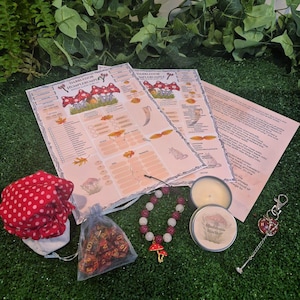 Può includere: Un assortimento di oggetti stravaganti su una superficie verde. Include due fogli illustrati con grafiche di funghi, un cappello a pois rossi e bianchi, un sacchetto di dadi, un braccialetto di perline con un ciondolo a fungo, una candela e un portachiavi.