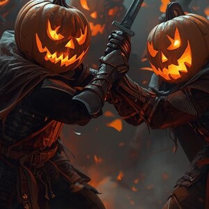 May include: A digital illustration depicts pumpkin-headed figures in a Halloween battle scene. The figures, clad in dark armor and cloaks, wield swords against a backdrop of a dark forest and glowing embers. The pumpkins have carved, illuminated faces.