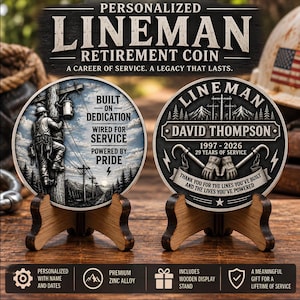 May include: Two circular metal coins on wooden stands. The left coin shows a lineman on a utility pole with text: BUILT ON DEDICATION, WIRED FOR SERVICE, POWERED BY PRIDE. The right coin features DAVID THOMPSON, 1997-2026, 29 YEARS OF SERVICE.