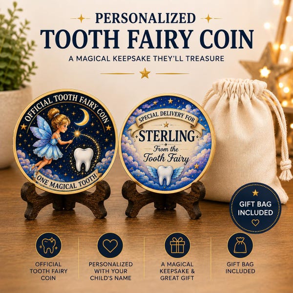 Personalized Tooth Fairy Coin, Custom Name Keepsake, Magical Gift (Display Stand Included)