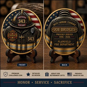 May include: A round challenge coin featuring a firefighter helmet with the text FIREFIGHTER 343 NEVER FORGET on the front, and a jacket back with the text JOE BRIDGES PROUDLY SERVED 1996-2026 PLAINFIELD FIRE DEPARTMENT DUTY HONOR COURAGE.