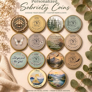 May include: A collection of personalized sobriety coins with various designs, including a lotus flower, forest scene, butterflies, and inspirational quotes. Each coin features a name, date, and the number 5, with a gold-colored rim. The text "Personalized Sobriety Coins" is at the top.