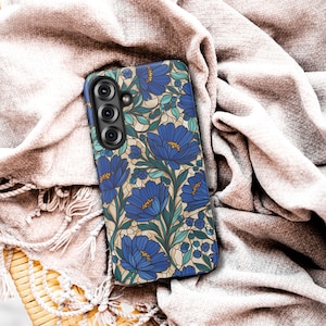 Blaue Blumen-Glasmalerei-Handyhülle, Botanischer Garten Tough Case, Kompatibel iPhone 16 15 14 13 12, Galaxy S25 S24 S23 S22, Pixel 9 8 7 6
