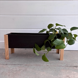 以下が含まれることがあります： 黒い長方形のプランターボックスで、天然木製のベースがあり、緑の葉の植物が入っています。 プランターは4本の木製の脚の上に置かれています。 植物の緑の葉が側面からこぼれ落ち、黒いボックスと明るい木材と対照的です。