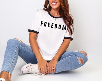 Freedom Shirt White shirt black trim Charlie Kirk, Ringer T-Shirt: Retro Patriot Unisex Tee
