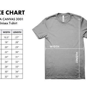 Puede incluir: Tabla de tallas para una camiseta unisex Bella Canvas 3001. La tabla muestra las medidas de ancho y largo en pulgadas para las tallas XS a 5XL.
