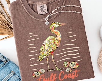 Gulf Coast Colorful Heron Beach Stripes T-Shirt | Gulf Coast Seaside Bird Tee | Coastal Casual | Comfort Colors
