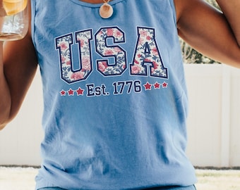 USA Floral Print Tank Top: Patriotic Comfort Colors Summer Top