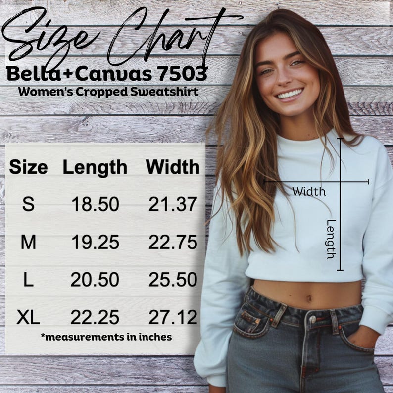 May include: Size chart for a cropped sweatshirt, showing measurements in inches for sizes S, M, L, and XL. The chart shows the length and width of the sweatshirt.