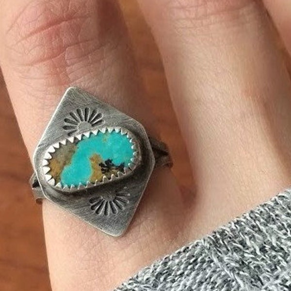 Kingman Turquoise Sterlingsilber gestempelt geometrische Ring - Größe 7 - Boho böhmischen Schmuck Ponderbird