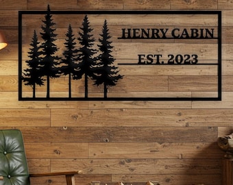 Pine Tree Custom Cabin Metallschild, rustikales Outdoor Familienname Schild, Cottage Wanddekoration, personalisiertes Geschenk für Mountain House, benutzerdefiniertes Schuppenschild