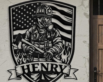 Held Feuerwehrmann Metallschild, kundenspezifische Wandkunst der amerikanischen Flagge, personalisiertes Feuerwehrmanndekor für Mannhöhle, Vaterländisches Geschenk für Feuerwehrmänner