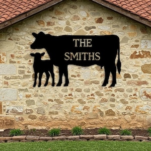 Custom Cow Family Name Sign, Personalized Farm Metal Sign Outdoor, Exterior Ranch Sign, Large Barn Wall Decor, Cattle Sign Gifts for Farmers