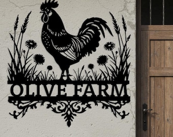 Chicken Farmhouse Sign, Custom Rooster Decor, Custom Metal Sign, Personalized Ranch Wall Art, Country Kitchen Farmer Gift, Coop Name Sign