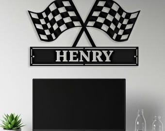 Custom checkered Flag Racing Metal Sign, Personalized Garage Wall Decor, Motorsports Name Sign for Car Lovers, Race Day Gift for Him