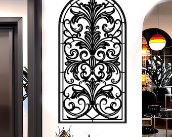 Arte de pared de metal con pergamino vertical, decoración de ventana de estilo francés, elegante decoración para entrada, arte de pared para balcón, regalo de inauguración de la casa para mujeres