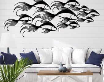 Arte de pared de metal con bancos de peces, arte náutico grande, decoración de pared moderna para casa de playa, decoración oceánica para baño, decoración de dormitorio costero