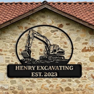 May include: Black metal sign with a silhouette of an excavator in a circle above the text "HENRY EXCAVATING EST. 2023".