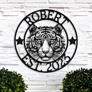 Custom Tiger Metal Sign, Personalized Outdoor Wall Art, Cabin Name Sign for Playroom, Big Animal Decor for Garage, Man Cave Gifts for Him