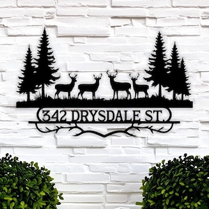 Cartello rustico con indirizzo a forma di cervo, cartello personalizzato in metallo per esterni per cabina, cartello con numero civico nella foresta, regalo personalizzato per cacciatore, cartello personalizzato per capannone