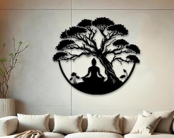Metal Tree of Life with Buddha Wall Decor, Buddha Wall Art,Yoga Decor for Meditation Room, Oversized Buddha Wall Art, Zen Bedroom Decor