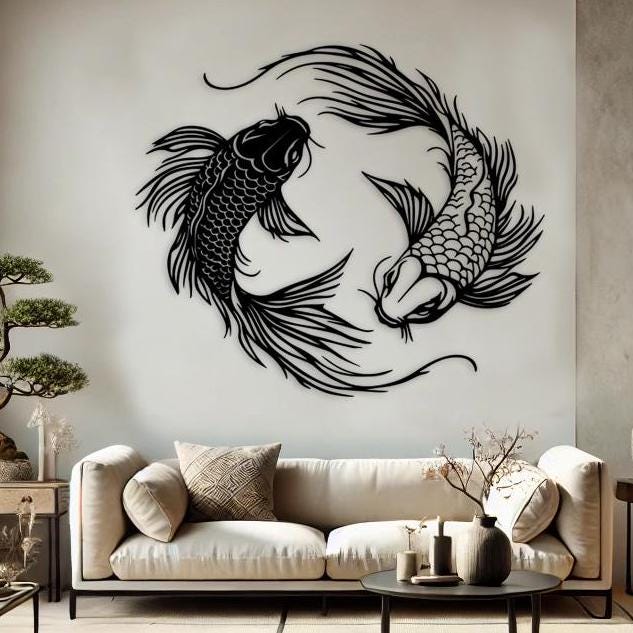 Koi Fish Metal Wall Art, Japanese Zen Decor, Modern Living Room Wall Decor, Yin and Yang Sign, Huge Zen Wall Decor, Feng Shui Bedroom Decor