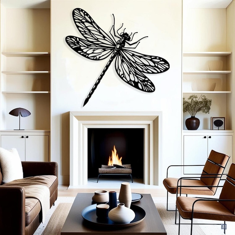 May include: Black metal dragonfly wall decor with intricate details, mounted above a fireplace in a living room setting.