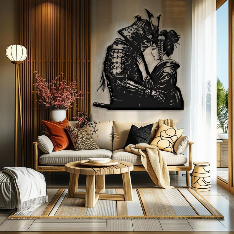 Samurai and Geisha Metal Wall Art, Romantic Japanese Warrior Decor for ...