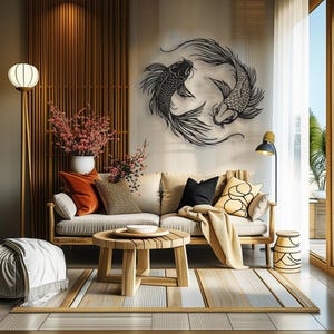 Puede incluir: Una sala de estar con un sof&aacute; beige, una mesa de caf&eacute; de madera y una decoraci&oacute;n de pared de metal negro que representa dos peces koi. La habitaci&oacute;n tiene paneles de pared de madera, una alfombra blanca y una planta en maceta con flores rosas.