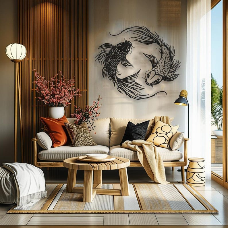 Puede incluir: Una sala de estar con un sof&aacute; beige, una mesa de caf&eacute; de madera y una decoraci&oacute;n de pared de metal negro que representa dos peces koi. La habitaci&oacute;n tiene paneles de pared de madera, una alfombra blanca y una planta en maceta con flores rosas.