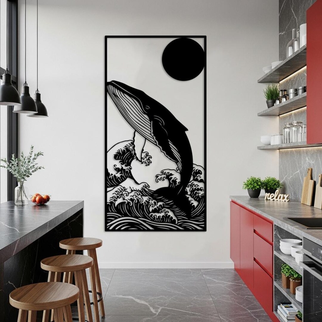 Minimalist Whale Decor, Abstract Ocean Decor, Vertical Wall Art, Dining ...
