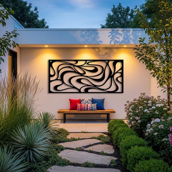 Übergroße abstrakte Outdoor-Metallwandkunst, modernes Pool-Terrassendekor, zeitgenössische Luxuswandkunst, Hausbesitzer-Geschenke, Wohnzimmerwandkunst