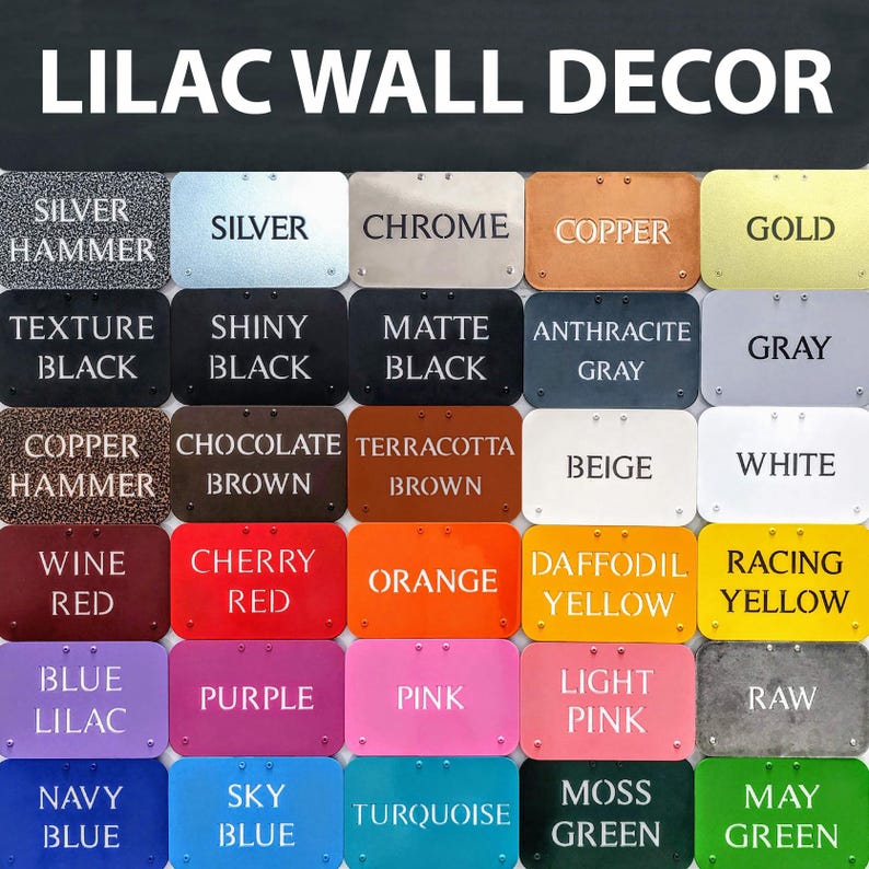 May include: A chart of 40 color swatches with names for each color. The colors are arranged in rows and columns. The colors include silver, chrome, copper, gold, black, gray, white, beige, brown, red, orange, yellow, blue, purple, pink, green, and turquoise.