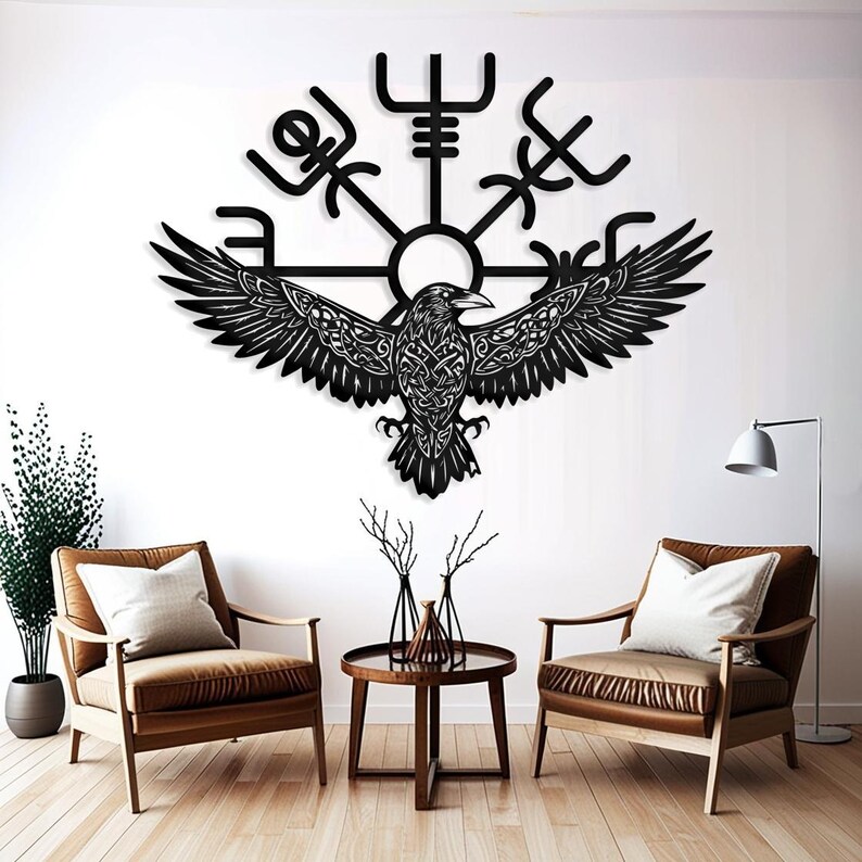 Majestic Viking Raven Metal Wall Art, Celtic Vegvisir Symbol Decor ...