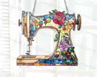 Máquina de coser floral, atrapasol acrílico, decoración para taller de manualidades, regalo para amantes de la costura.