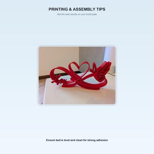 May include: A red 3D printed sculpture featuring an infinity symbol intertwined with a heart and a butterfly shape. The text PRINTING & ASSEMBLY TIPS, Get the best results on your build plate, and Ensure bed is level and clean for strong adhesion.