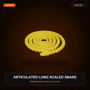 May include: A bright yellow articulated snake with a detailed scaled texture, coiled in a circular shape. The image includes the text LCD CRAFT, 3D STL FILE, and ARTICULATED LONG SCALED SNAKE, PREMIUM PRINT-IN-PLACE STL FILE.
