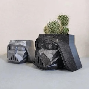 Puede incluir: Dos macetas de Star Wars Darth Vader en negro y gris. La maceta más grande tiene una planta de cactus dentro.