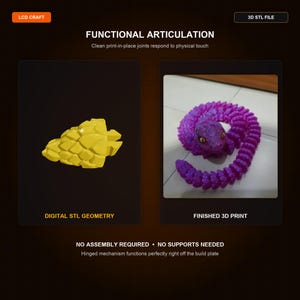 May include: A digital 3D STL geometry file of a yellow segmented object and a finished 3D print of a purple articulated snake with yellow eyes. The text reads LCD CRAFT, 3D STL FILE, FUNCTIONAL ARTICULATION, DIGITAL STL GEOMETRY, FINISHED 3D PRINT.