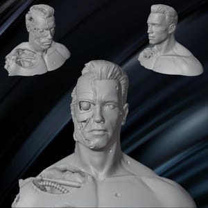 May include: A gray, detailed bust sculpture of a cyborg with a robotic eye and exposed mechanical parts. The sculpture is a realistic depiction of a human figure with a futuristic twist.